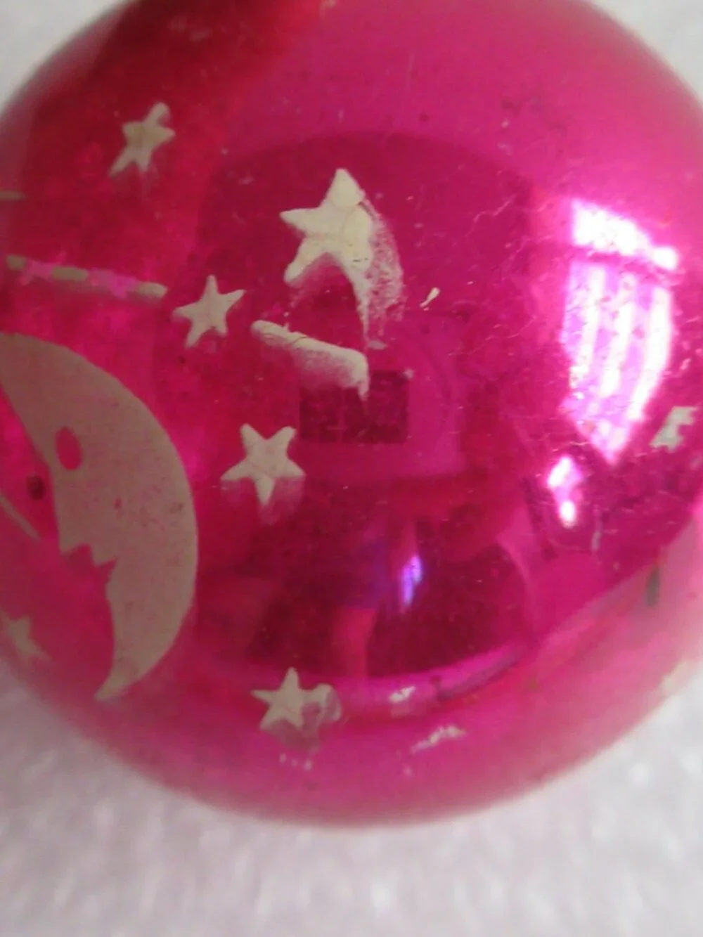 Pink Shiny Brite Moon & Star Atomic Stencil Christmas Ornament 10 Cent Cap Vtg